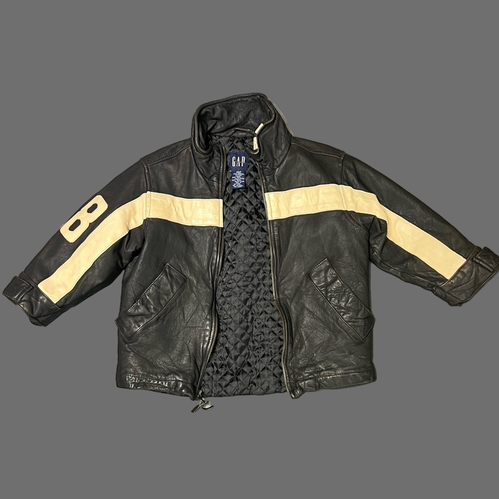 GAP Kids Black and Cream Bomber Leather Jacket Sporty Varsity Style - Picture 3 of 10
